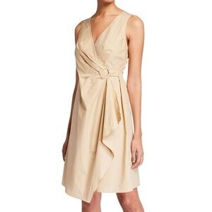 Donna Karan Tan Sleeveless Faux Wrap Surplice Neckline Dress 14 Cotton Blend